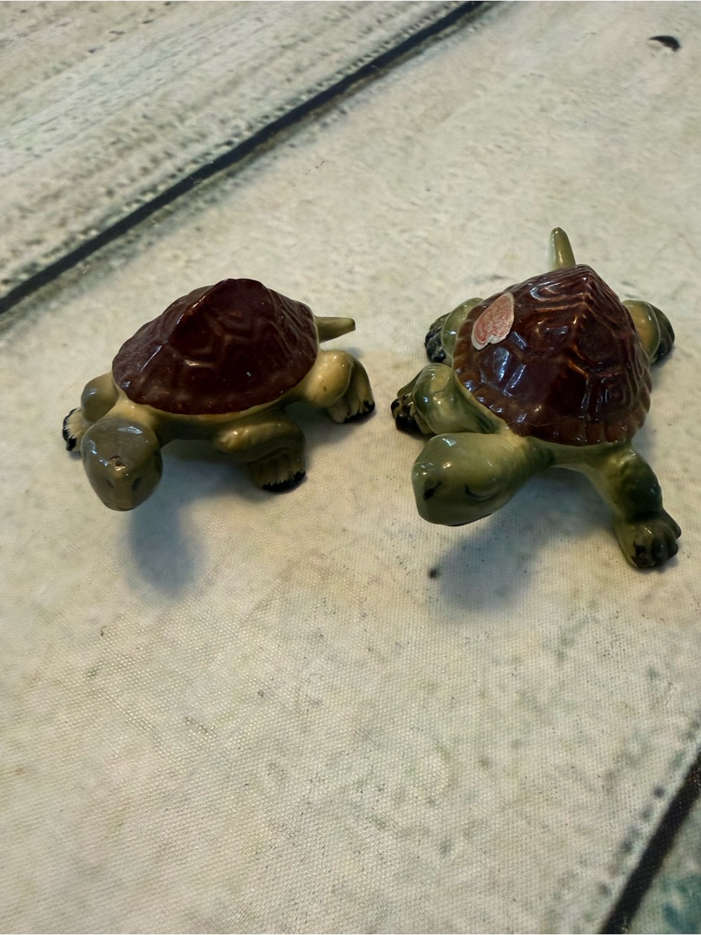 Vintage 2 bone china green and brown little turtles. Trinket. Figurine